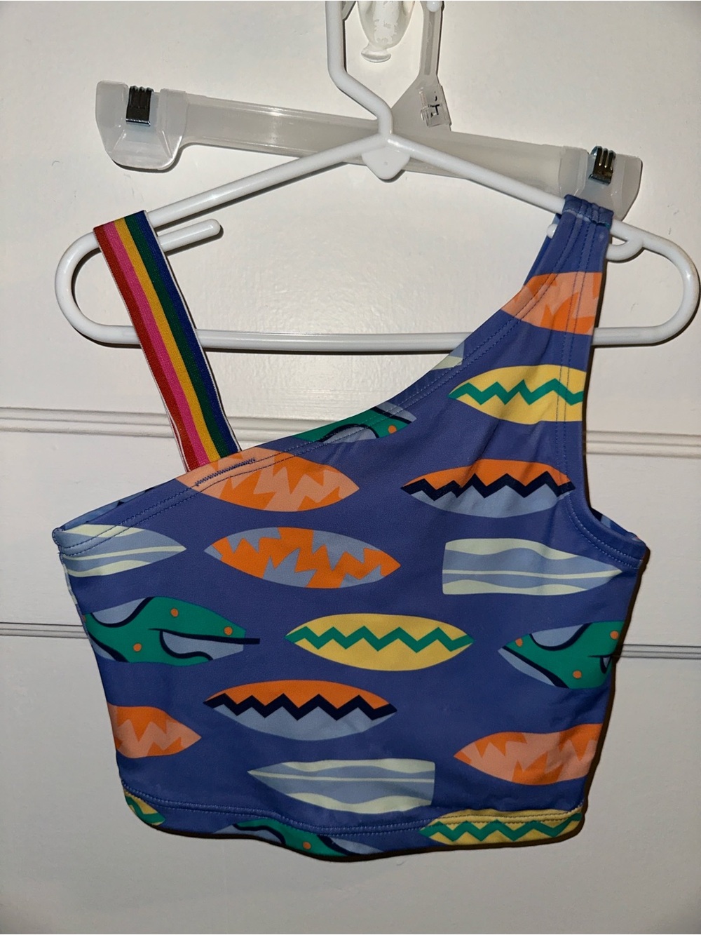 Hanna Andersson Blue Surfboard Print One-Shoulder Bikini Top Kids Girls 6-7